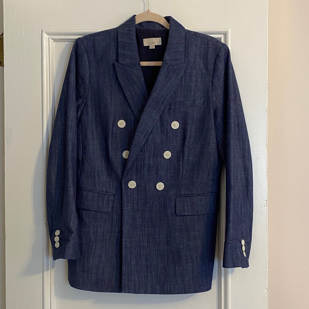LOFT Navy Denim Blazer with White Accents